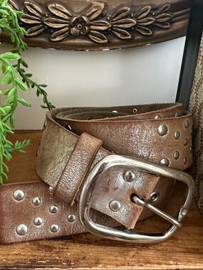 Studded Metallic Brown Leather Belt with Silver Buckle